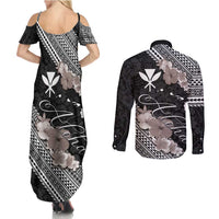 Aloha Hawaii Hibiscus and Plumeria Flowers Couples Matching Summer Maxi Dress and Long Sleeve Button Shirt Kanaka Maoli Tattoo Polynesian Pattern Gray Color