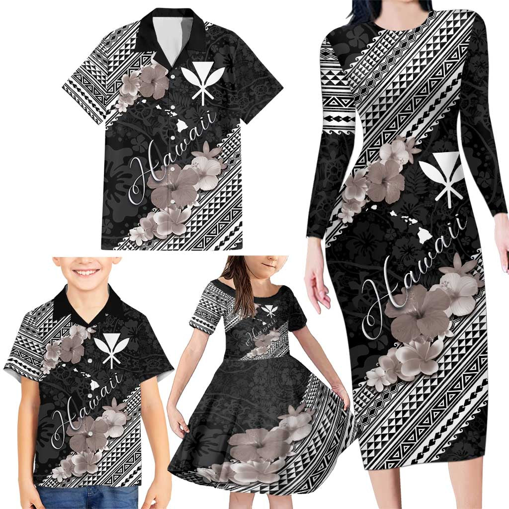 Aloha Hawaii Hibiscus and Plumeria Flowers Family Matching Long Sleeve Bodycon Dress and Hawaiian Shirt Kanaka Maoli Tattoo Polynesian Pattern Gray Color