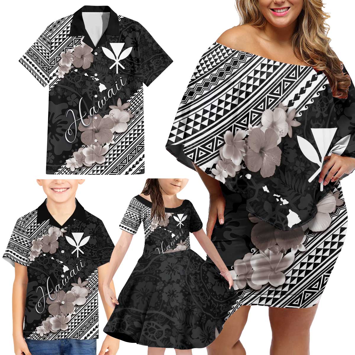 Aloha Hawaii Hibiscus and Plumeria Flowers Family Matching Off Shoulder Short Dress and Hawaiian Shirt Kanaka Maoli Tattoo Polynesian Pattern Gray Color