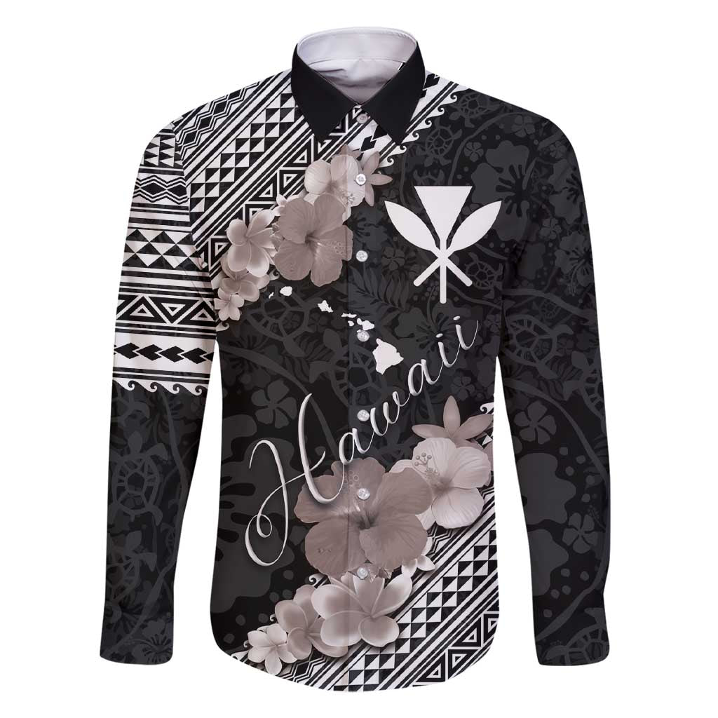 Aloha Hawaii Hibiscus and Plumeria Flowers Family Matching Short Sleeve Bodycon Dress and Hawaiian Shirt Kanaka Maoli Tattoo Polynesian Pattern Gray Color