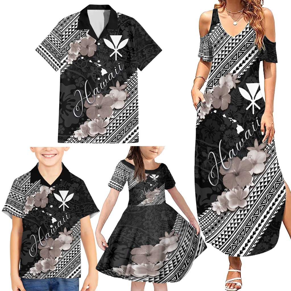 Aloha Hawaii Hibiscus and Plumeria Flowers Family Matching Summer Maxi Dress and Hawaiian Shirt Kanaka Maoli Tattoo Polynesian Pattern Gray Color