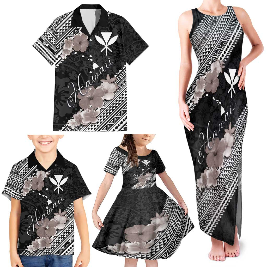 Aloha Hawaii Hibiscus and Plumeria Flowers Family Matching Tank Maxi Dress and Hawaiian Shirt Kanaka Maoli Tattoo Polynesian Pattern Gray Color