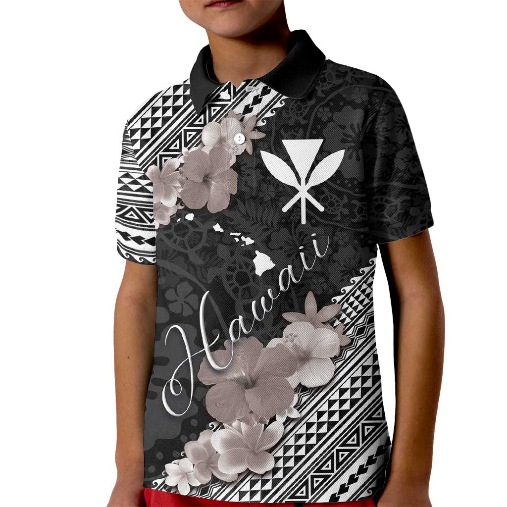 Aloha Hawaii Hibiscus and Plumeria Flowers Kid Polo Shirt Kanaka Maoli Tattoo Polynesian Pattern Gray Color