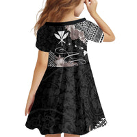 Aloha Hawaii Hibiscus and Plumeria Flowers Kid Short Sleeve Dress Kanaka Maoli Tattoo Polynesian Pattern Gray Color