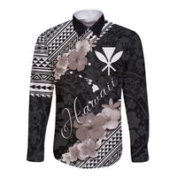 Aloha Hawaii Hibiscus and Plumeria Flowers Long Sleeve Button Shirt Kanaka Maoli Tattoo Polynesian Pattern Gray Color