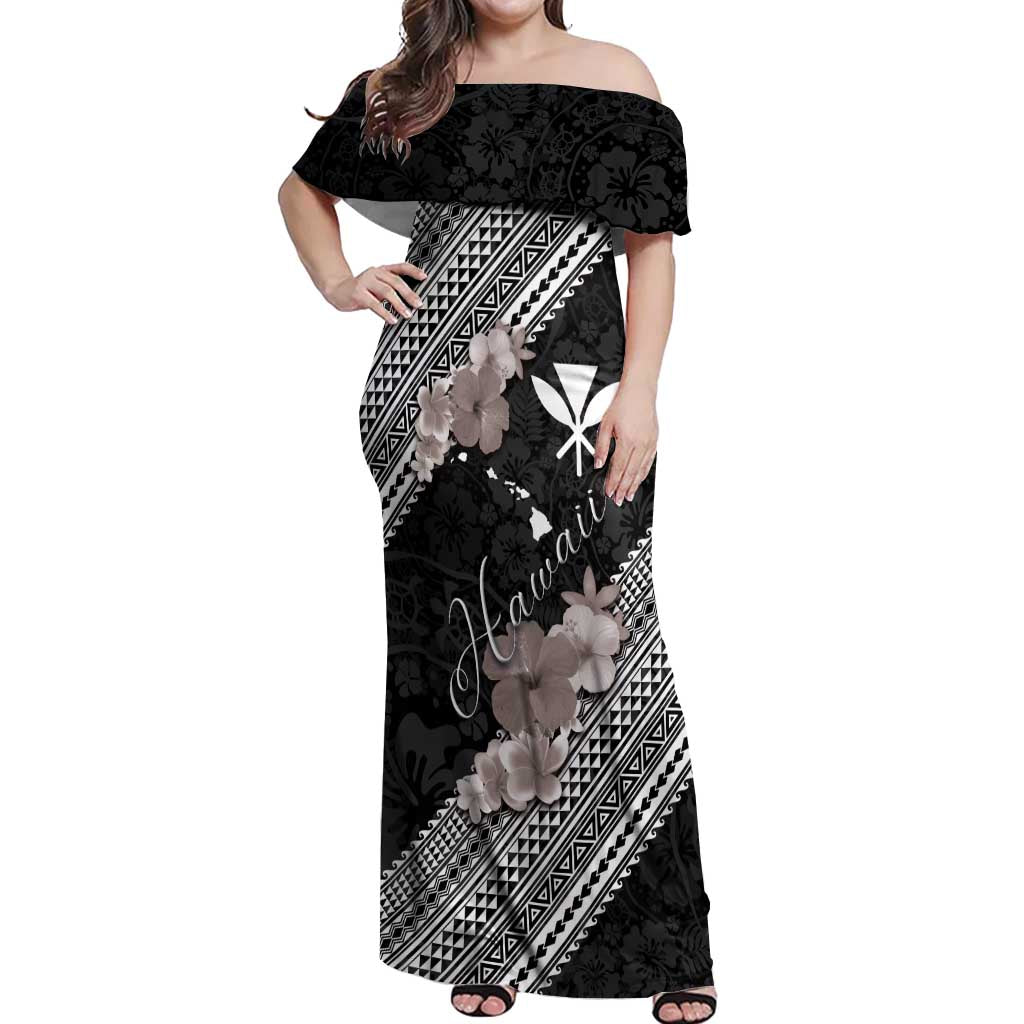 Aloha Hawaii Hibiscus and Plumeria Flowers Off Shoulder Maxi Dress Kanaka Maoli Tattoo Polynesian Pattern Gray Color