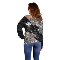 Aloha Hawaii Hibiscus and Plumeria Flowers Off Shoulder Sweater Kanaka Maoli Tattoo Polynesian Pattern Gray Color