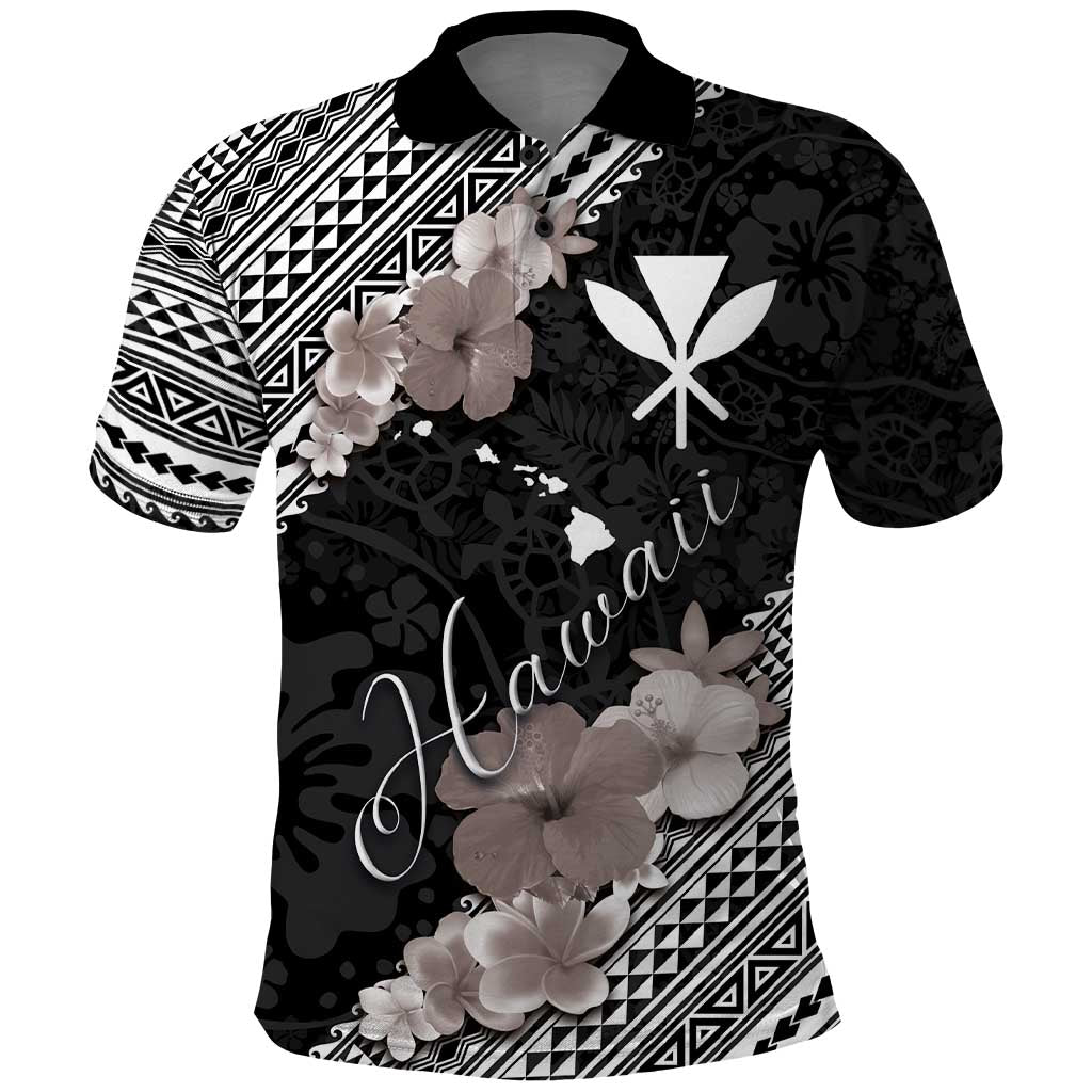 Aloha Hawaii Hibiscus and Plumeria Flowers Polo Shirt Kanaka Maoli Tattoo Polynesian Pattern Gray Color