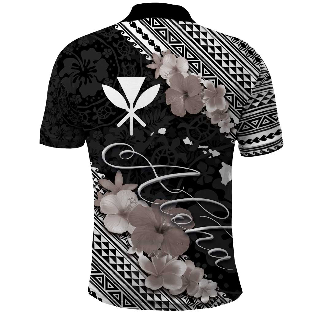 Aloha Hawaii Hibiscus and Plumeria Flowers Polo Shirt Kanaka Maoli Tattoo Polynesian Pattern Gray Color