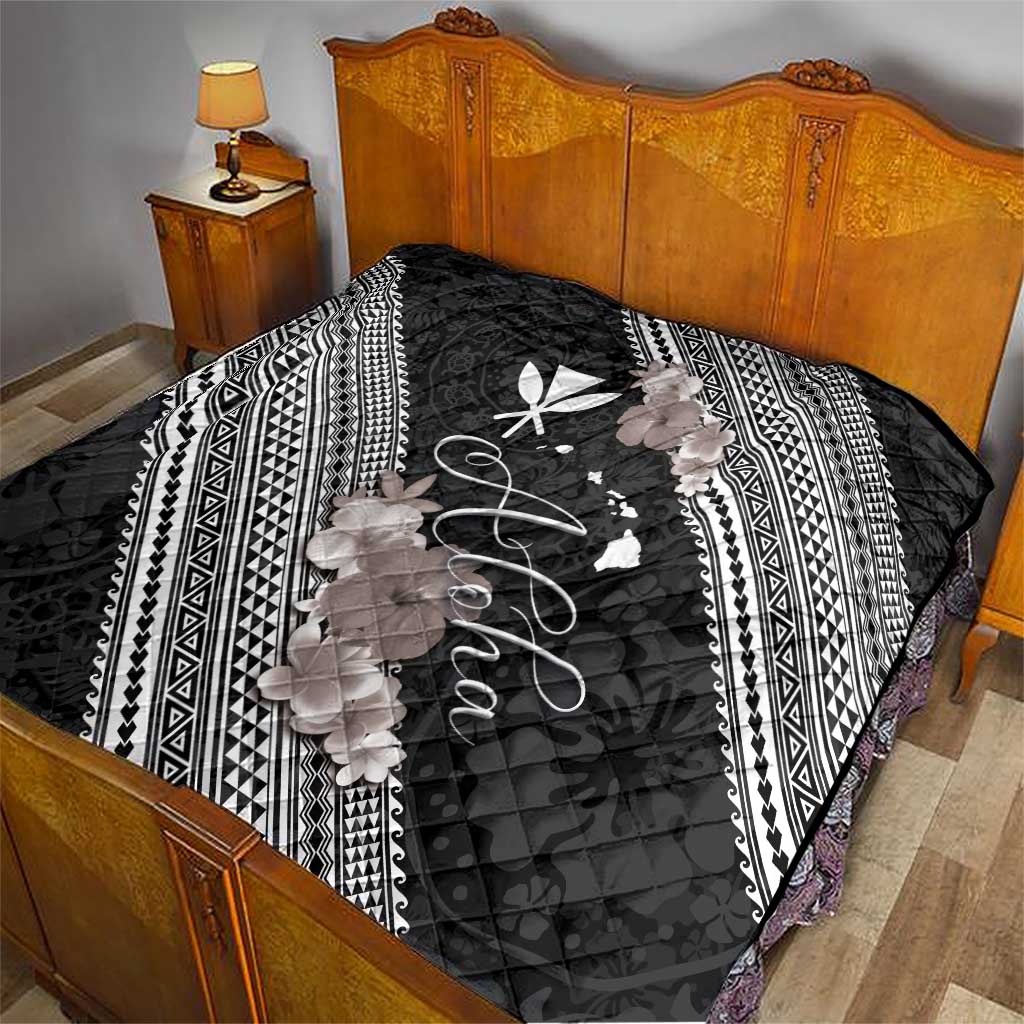 Aloha Hawaii Hibiscus and Plumeria Flowers Quilt Kanaka Maoli Tattoo Polynesian Pattern Gray Color