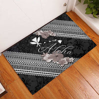 Aloha Hawaii Hibiscus and Plumeria Flowers Rubber Doormat Kanaka Maoli Tattoo Polynesian Pattern Gray Color
