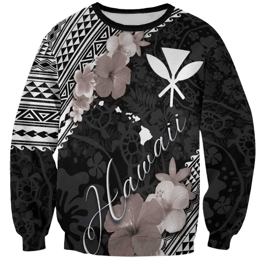 Aloha Hawaii Hibiscus and Plumeria Flowers Sweatshirt Kanaka Maoli Tattoo Polynesian Pattern Gray Color