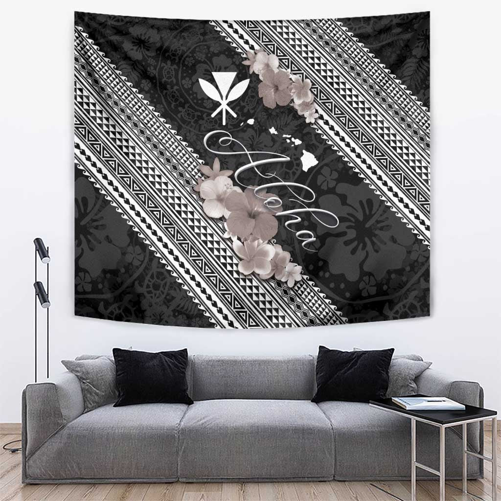 Aloha Hawaii Hibiscus and Plumeria Flowers Tapestry Kanaka Maoli Tattoo Polynesian Pattern Gray Color