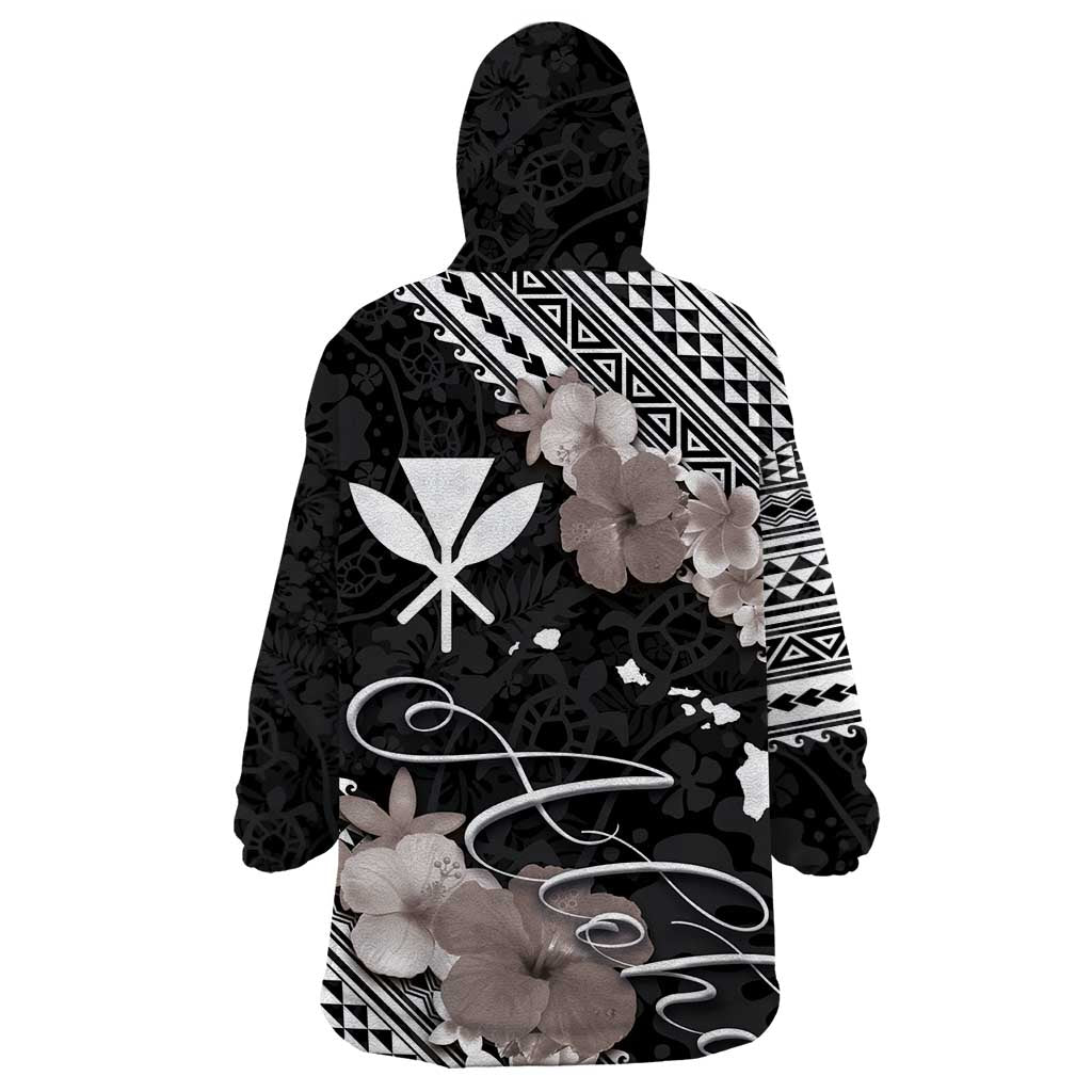 Aloha Hawaii Hibiscus and Plumeria Flowers Wearable Blanket Hoodie Kanaka Maoli Tattoo Polynesian Pattern Gray Color