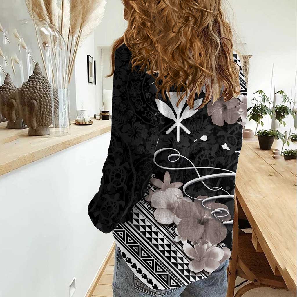 Aloha Hawaii Hibiscus and Plumeria Flowers Women Casual Shirt Kanaka Maoli Tattoo Polynesian Pattern Gray Color