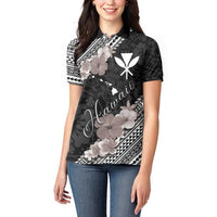 Aloha Hawaii Hibiscus and Plumeria Flowers Women Polo Shirt Kanaka Maoli Tattoo Polynesian Pattern Gray Color