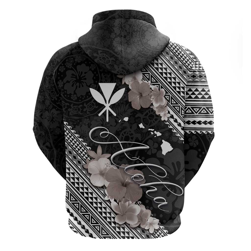 Aloha Hawaii Hibiscus and Plumeria Flowers Zip Hoodie Kanaka Maoli Tattoo Polynesian Pattern Gray Color