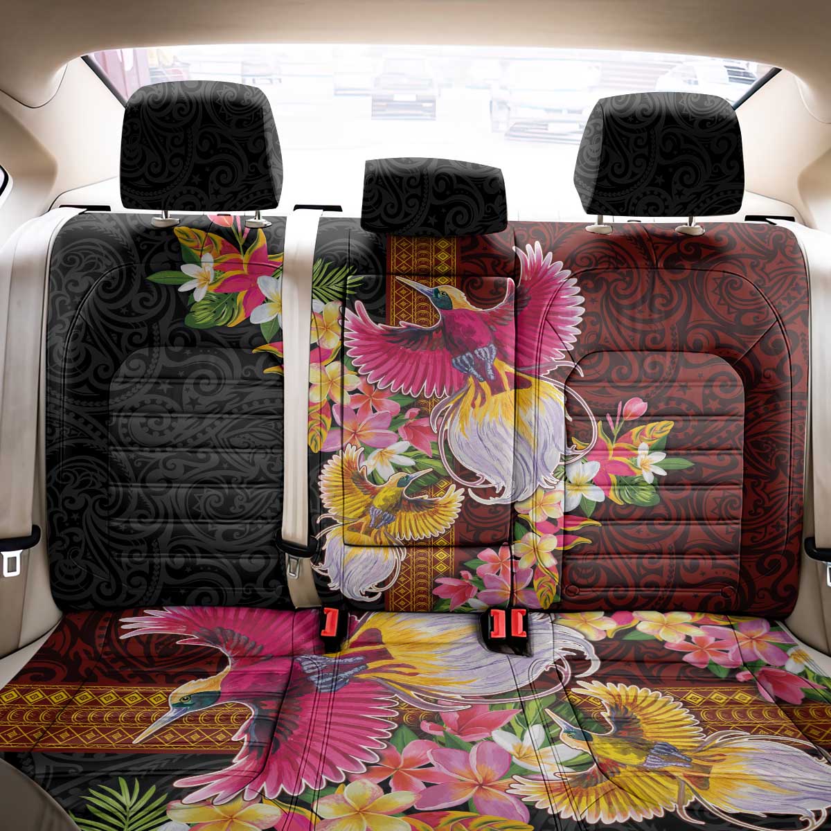 Papua New Guinea Birds and Frangipani Back Car Seat Cover Melanesian Art Tattoos - Polynesian Pride