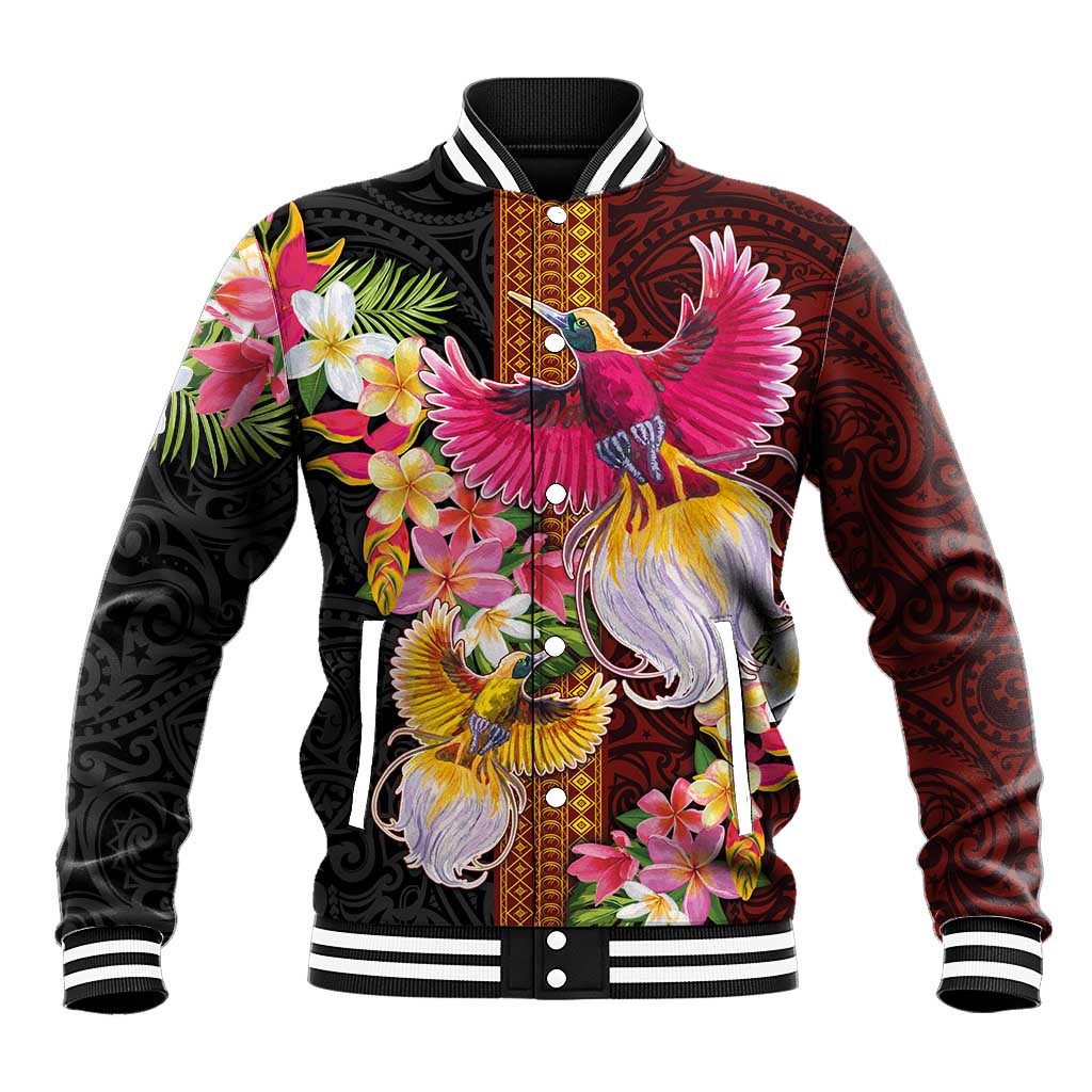 Papua New Guinea Birds and Frangipani Baseball Jacket Melanesian Art Tattoos LT03 Unisex Black - Polynesian Pride