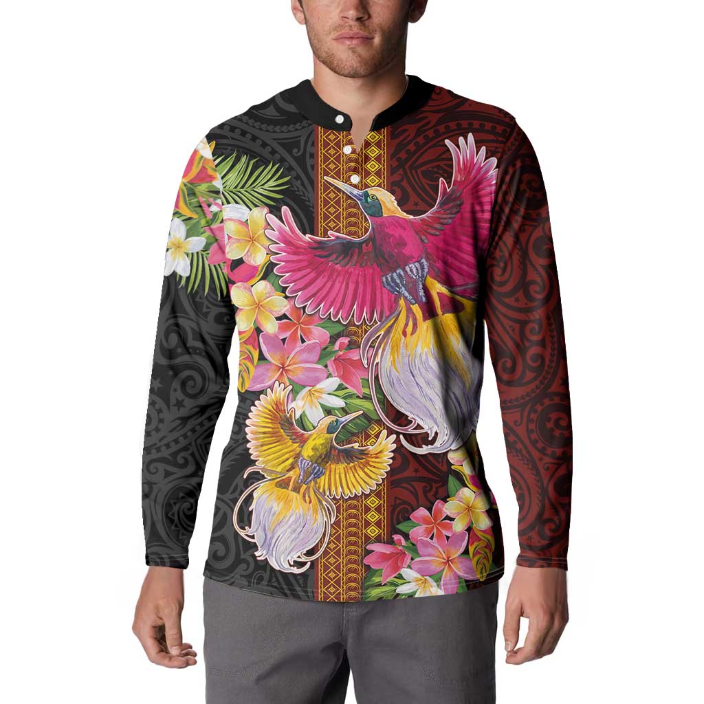 Papua New Guinea Birds and Frangipani Button Sweatshirt Melanesian Art Tattoos LT03 - Polynesian Pride