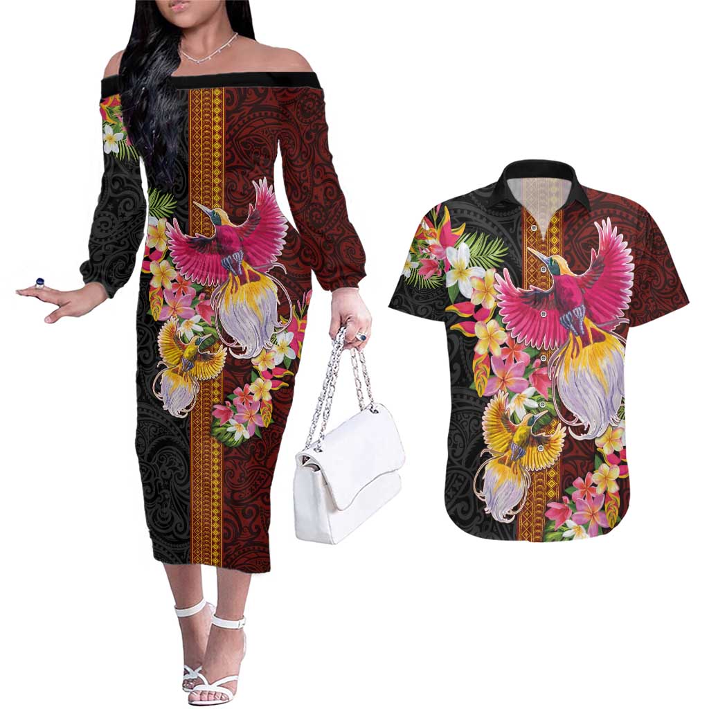 Papua New Guinea Birds and Frangipani Couples Matching Off The Shoulder Long Sleeve Dress and Hawaiian Shirt Melanesian Art Tattoos LT03 Black - Polynesian Pride