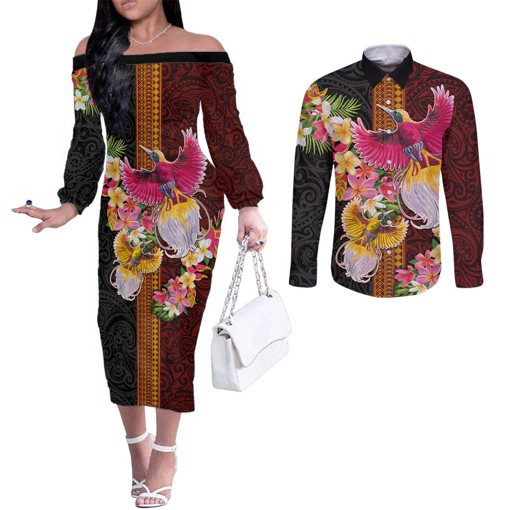 Papua New Guinea Birds and Frangipani Couples Matching Off The Shoulder Long Sleeve Dress and Long Sleeve Button Shirt Melanesian Art Tattoos LT03 Black - Polynesian Pride
