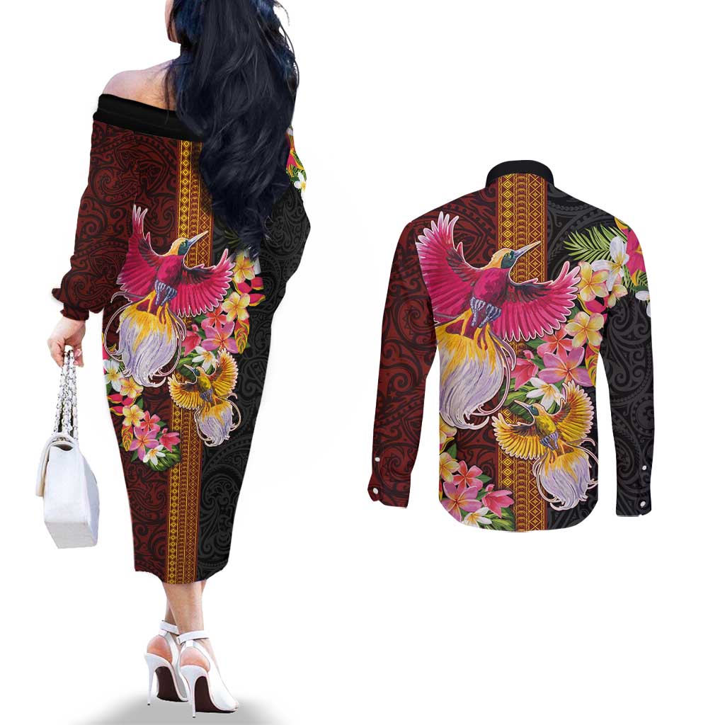 Papua New Guinea Birds and Frangipani Couples Matching Off The Shoulder Long Sleeve Dress and Long Sleeve Button Shirt Melanesian Art Tattoos - Polynesian Pride