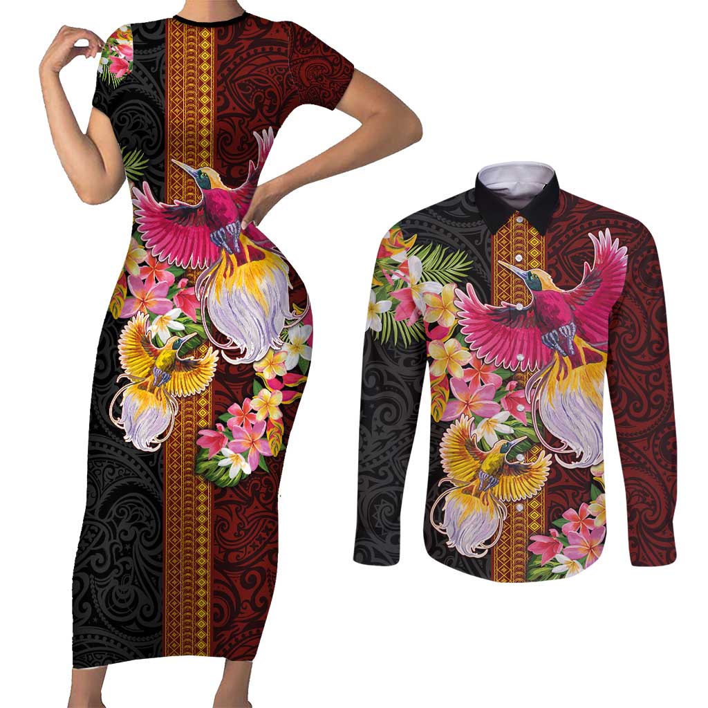 Papua New Guinea Birds and Frangipani Couples Matching Short Sleeve Bodycon Dress and Long Sleeve Button Shirt Melanesian Art Tattoos LT03 Black - Polynesian Pride