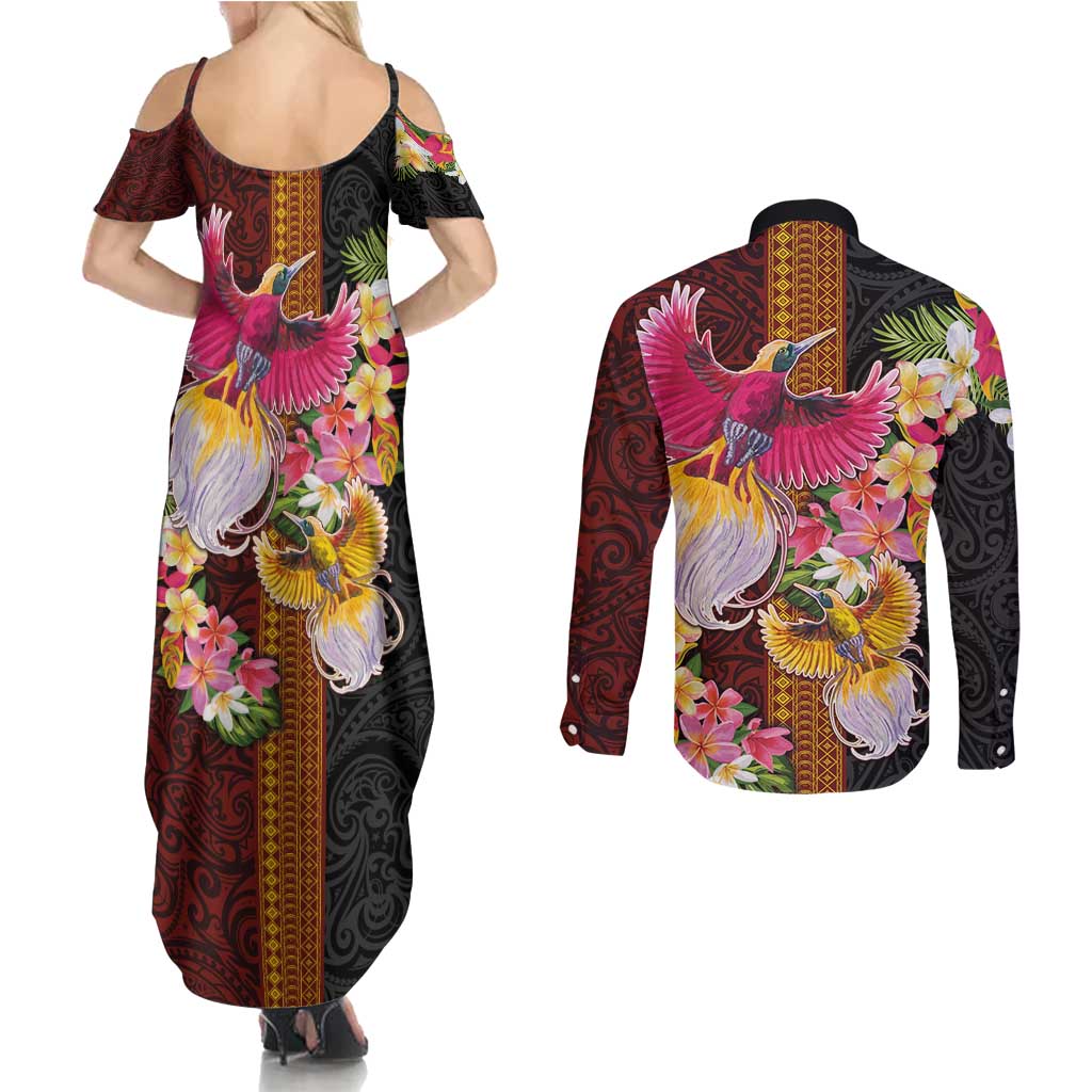 Papua New Guinea Birds and Frangipani Couples Matching Summer Maxi Dress and Long Sleeve Button Shirt Melanesian Art Tattoos - Polynesian Pride