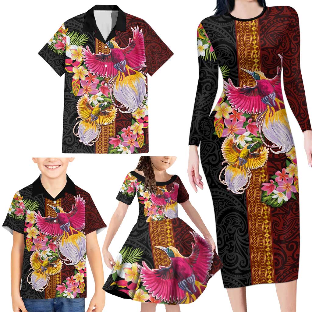Papua New Guinea Birds and Frangipani Family Matching Long Sleeve Bodycon Dress and Hawaiian Shirt Melanesian Art Tattoos LT03 - Polynesian Pride