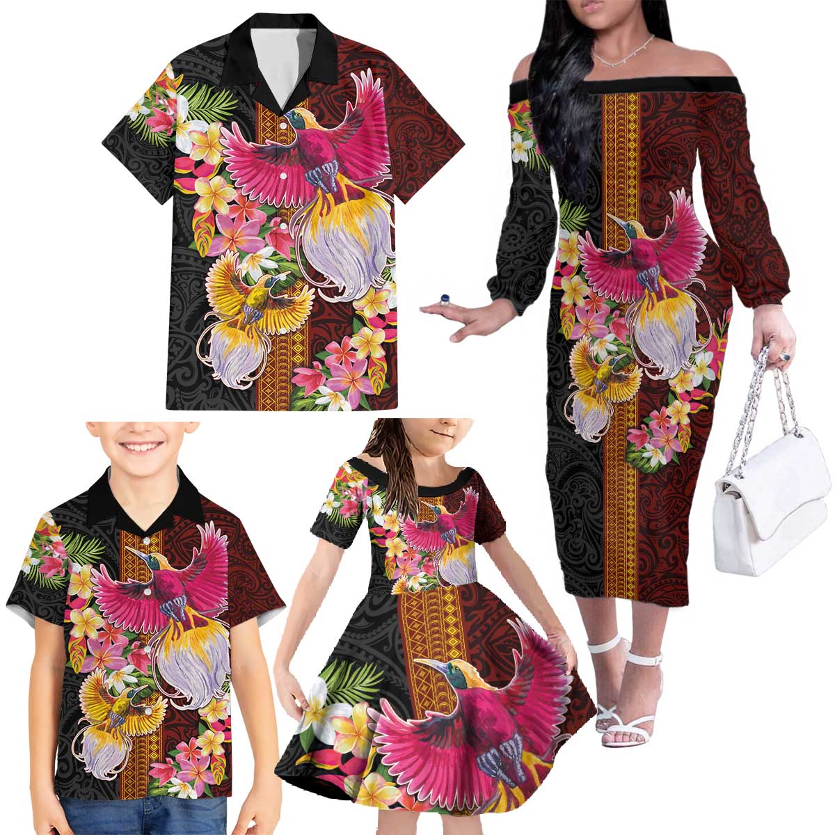 Papua New Guinea Birds and Frangipani Family Matching Off The Shoulder Long Sleeve Dress and Hawaiian Shirt Melanesian Art Tattoos LT03 - Polynesian Pride