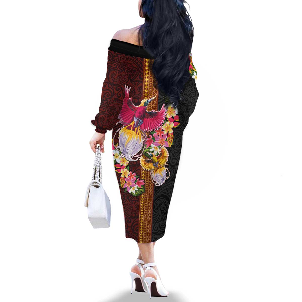 Papua New Guinea Birds and Frangipani Family Matching Off The Shoulder Long Sleeve Dress and Hawaiian Shirt Melanesian Art Tattoos - Polynesian Pride