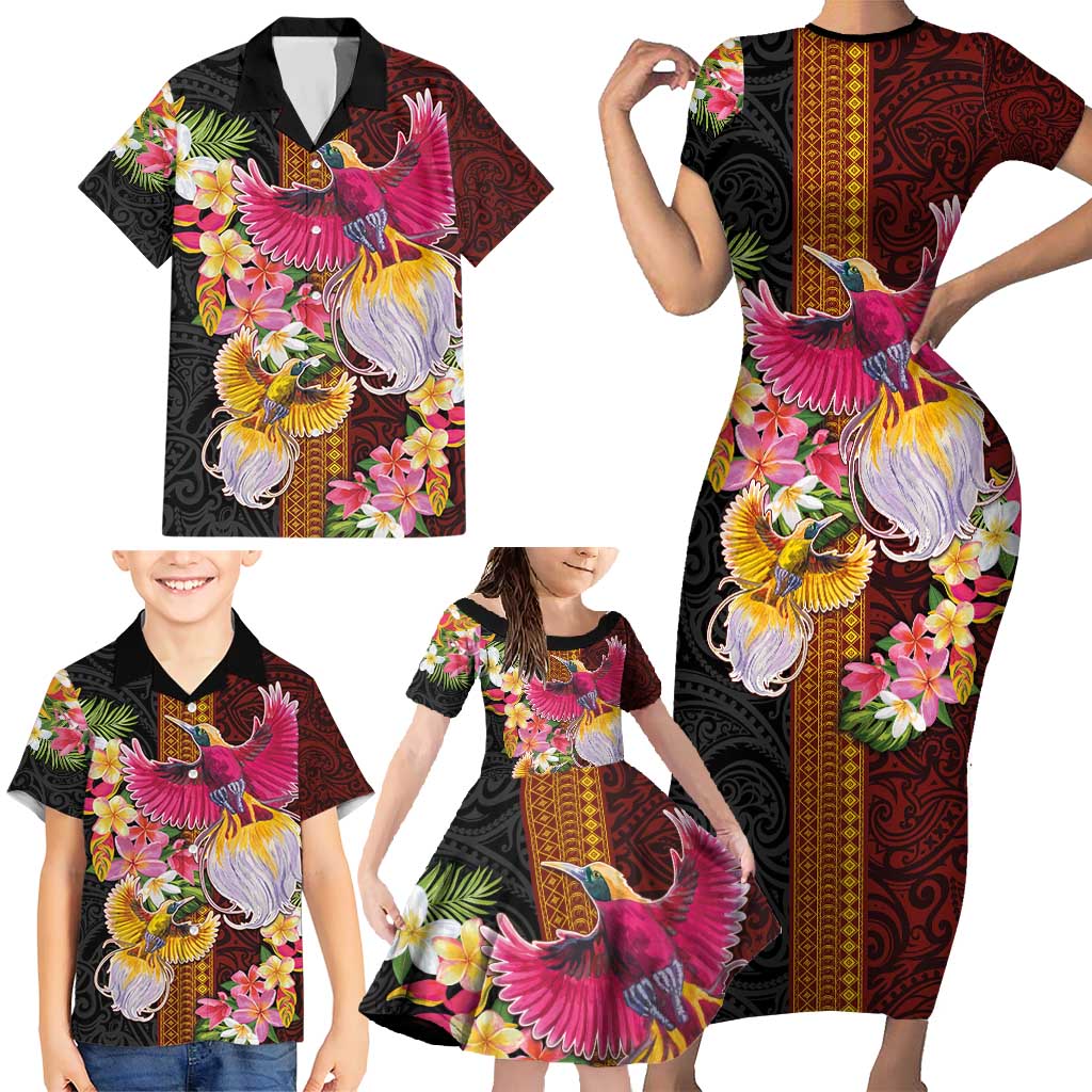 Papua New Guinea Birds and Frangipani Family Matching Short Sleeve Bodycon Dress and Hawaiian Shirt Melanesian Art Tattoos LT03 - Polynesian Pride