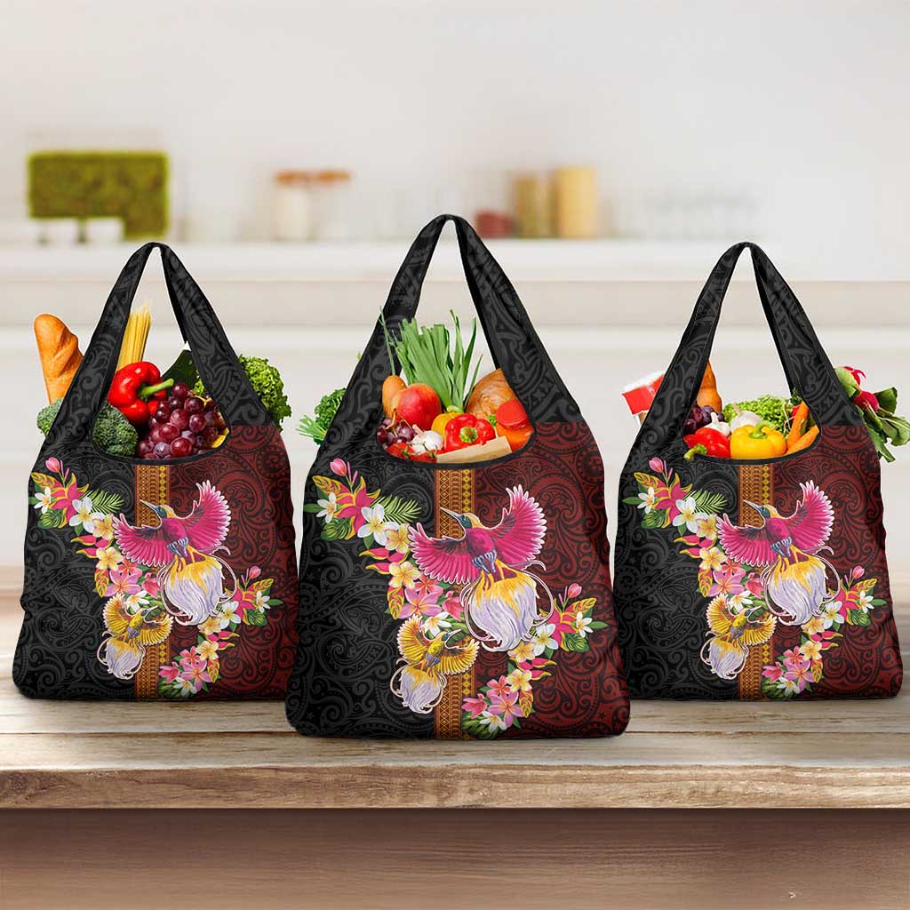Papua New Guinea Birds and Frangipani Grocery Bag Melanesian Art Tattoos LT03 3-pack One Size Black - Polynesian Pride