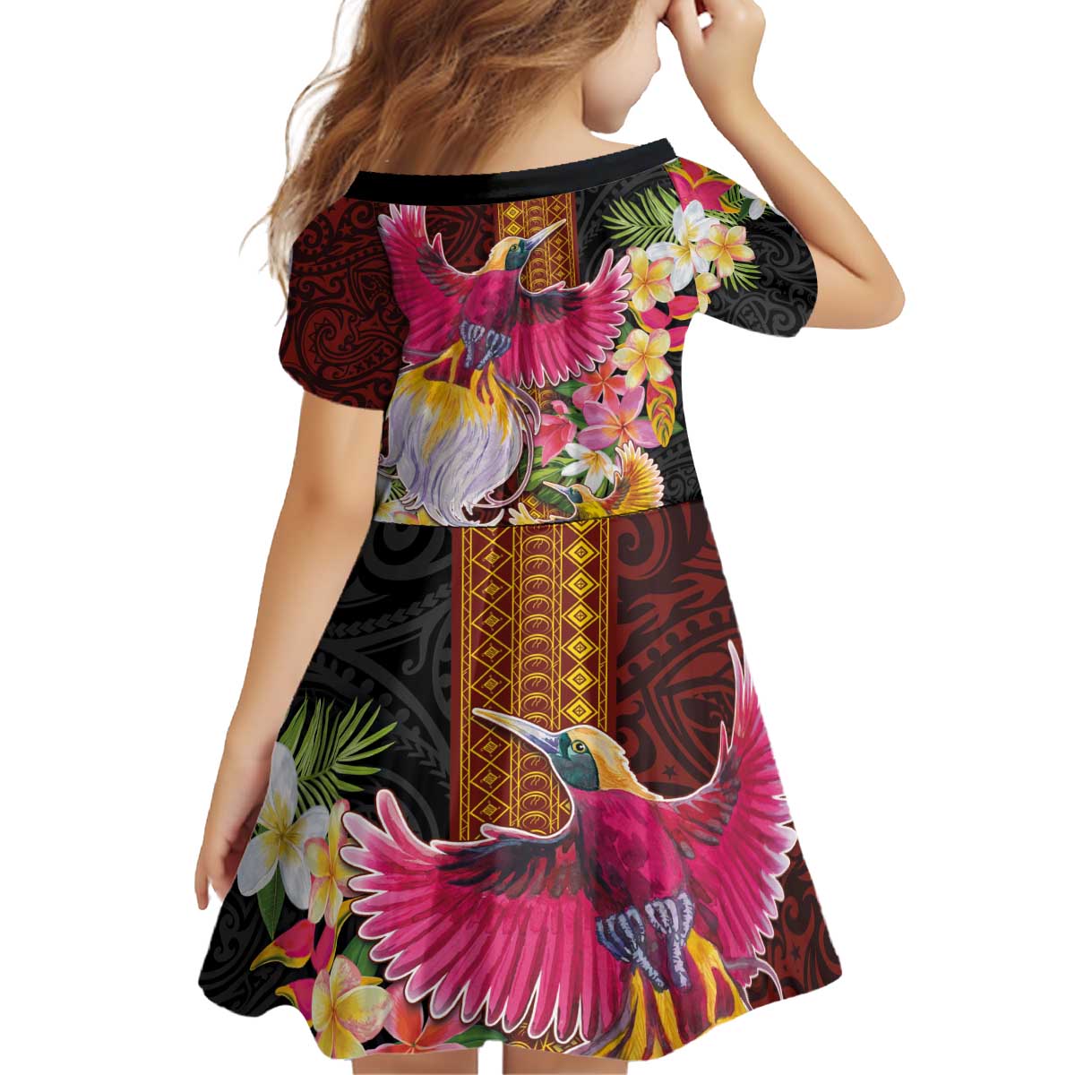 Papua New Guinea Birds and Frangipani Kid Short Sleeve Dress Melanesian Art Tattoos - Polynesian Pride