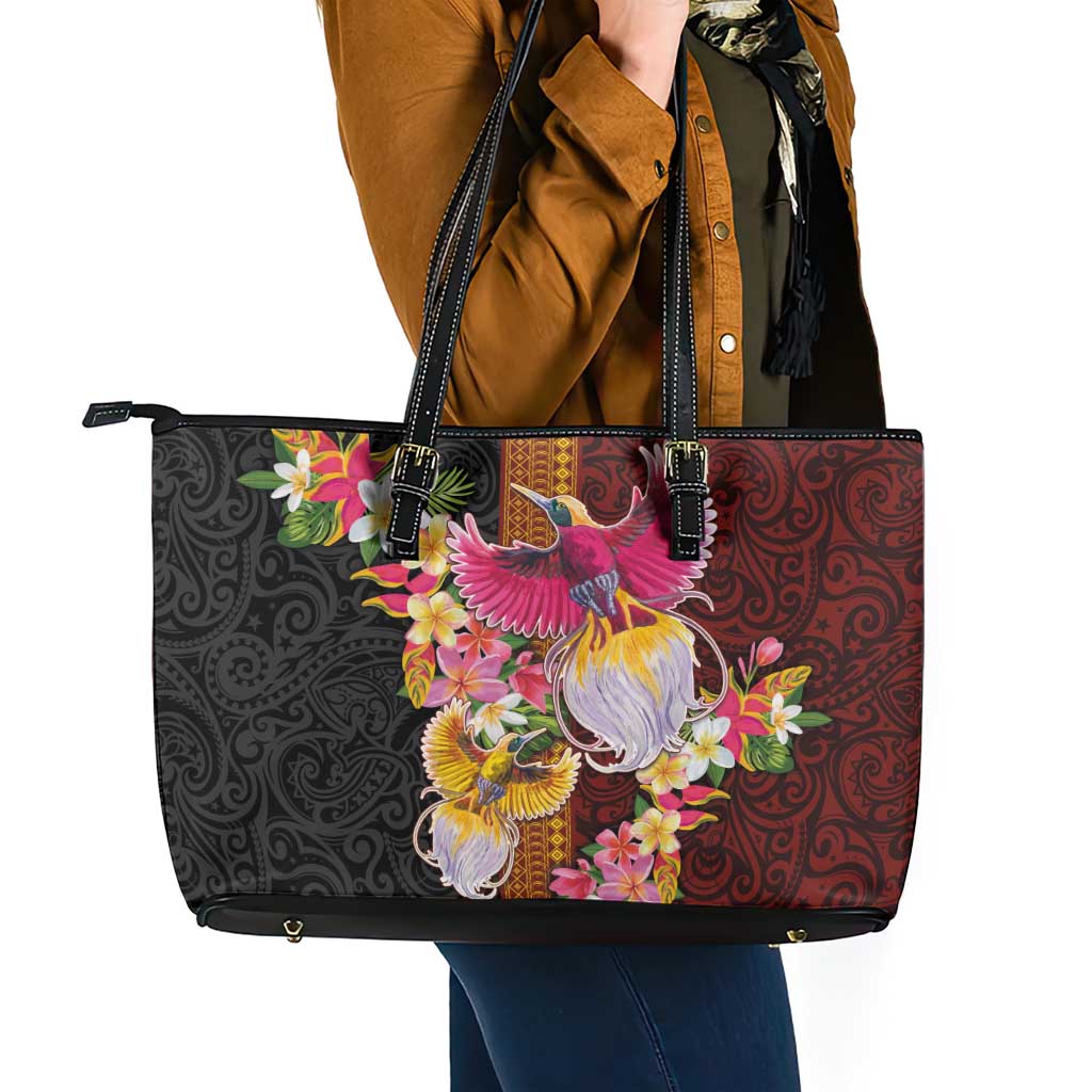 Papua New Guinea Birds and Frangipani Leather Tote Bag Melanesian Art Tattoos - Polynesian Pride