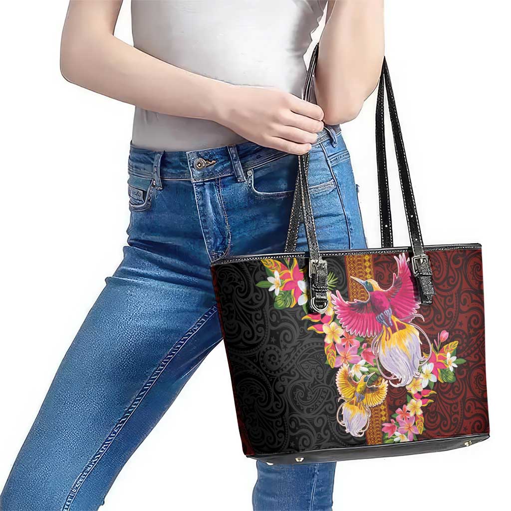 Papua New Guinea Birds and Frangipani Leather Tote Bag Melanesian Art Tattoos - Polynesian Pride