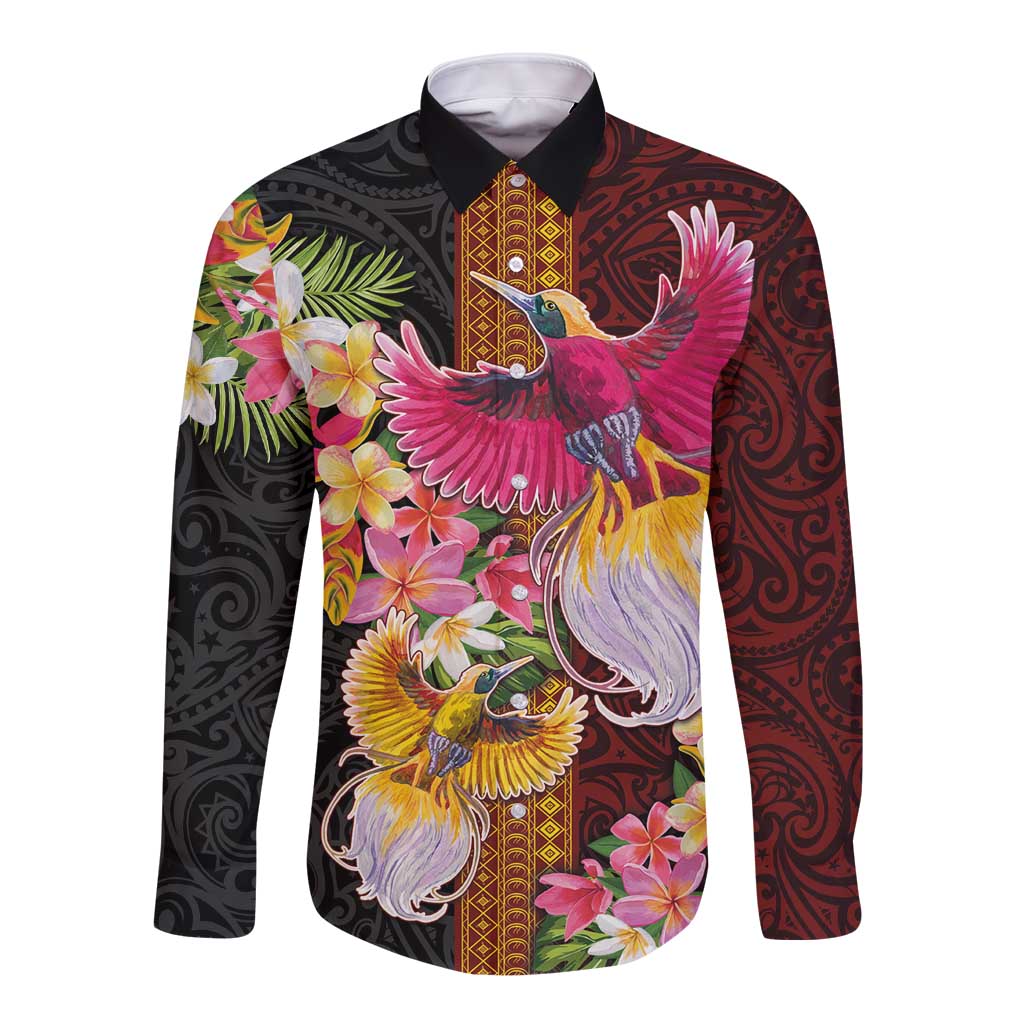 Papua New Guinea Birds and Frangipani Long Sleeve Button Shirt Melanesian Art Tattoos LT03 Unisex Black - Polynesian Pride