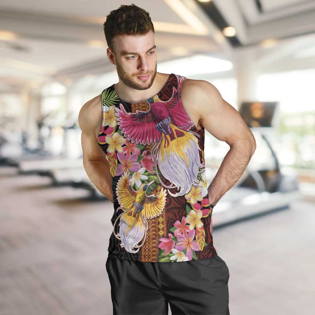 Papua New Guinea Birds and Frangipani Men Tank Top Melanesian Art Tattoos LT03 Black - Polynesian Pride