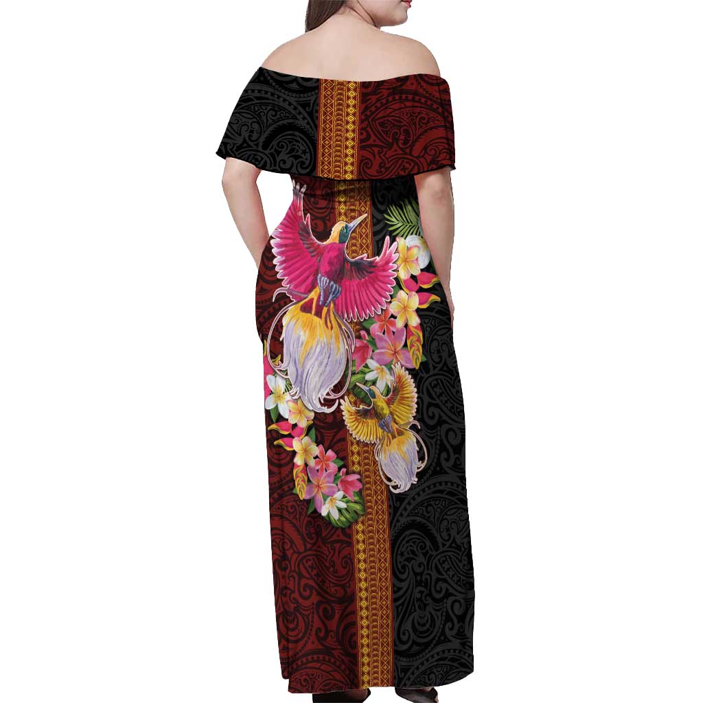 Papua New Guinea Birds and Frangipani Off Shoulder Maxi Dress Melanesian Art Tattoos - Polynesian Pride