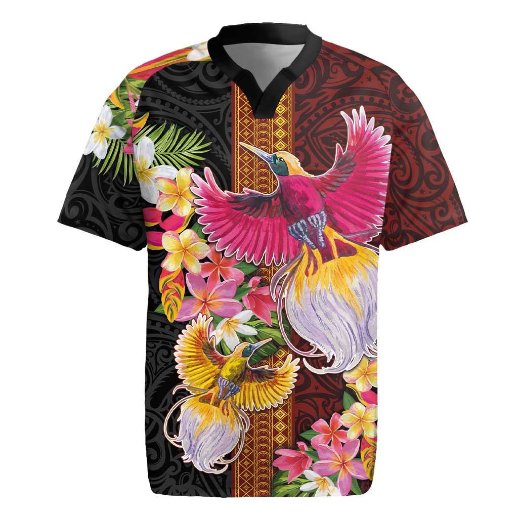 Papua New Guinea Birds and Frangipani Rugby Jersey Melanesian Art Tattoos - Polynesian Pride