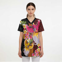 Papua New Guinea Birds and Frangipani Scrub Top Melanesian Art Tattoos LT03 - Polynesian Pride
