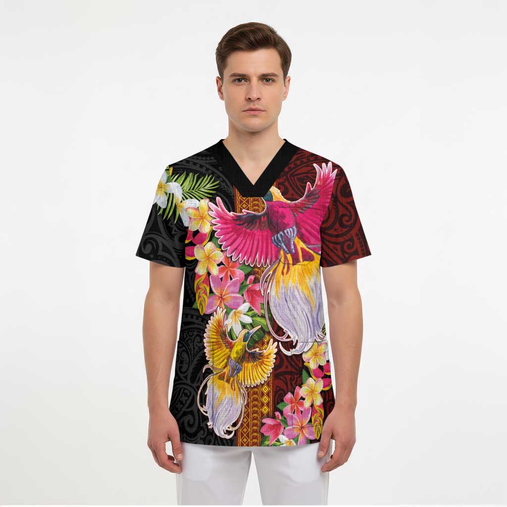 Papua New Guinea Birds and Frangipani Scrub Top Melanesian Art Tattoos LT03 - Polynesian Pride