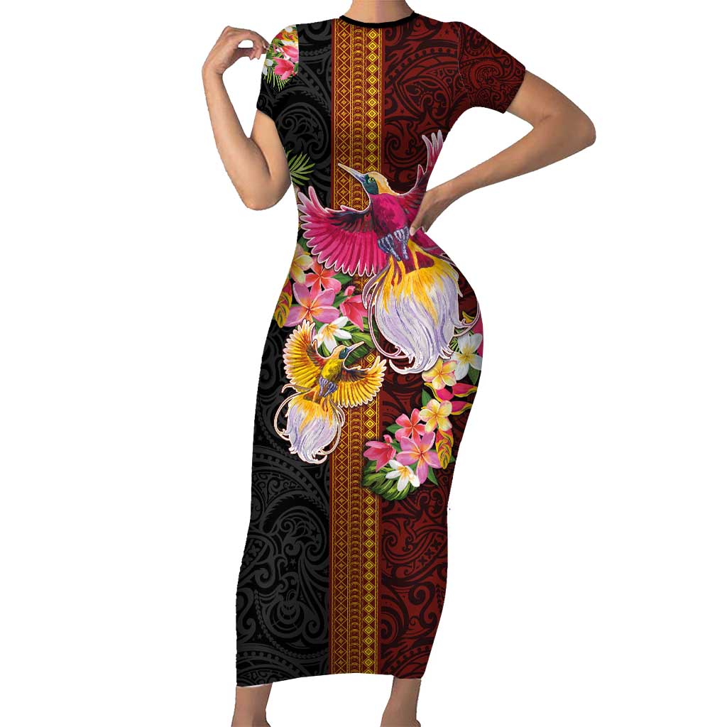 Papua New Guinea Birds and Frangipani Short Sleeve Bodycon Dress Melanesian Art Tattoos - Polynesian Pride