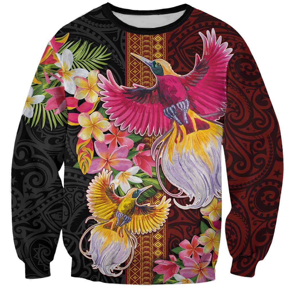 Papua New Guinea Birds and Frangipani Sweatshirt Melanesian Art Tattoos LT03 Unisex Black - Polynesian Pride