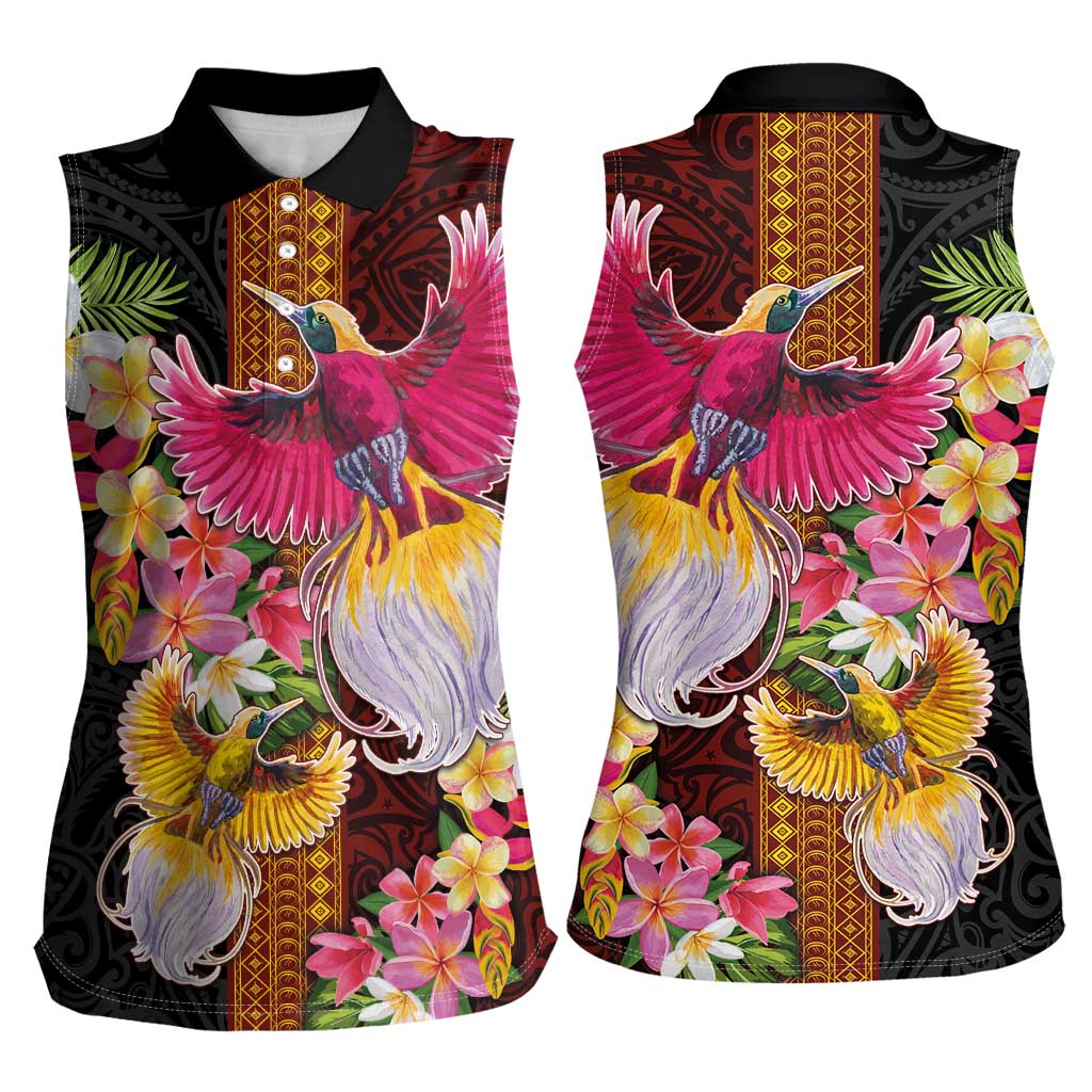 Papua New Guinea Birds and Frangipani Women Sleeveless Polo Shirt Melanesian Art Tattoos - Polynesian Pride