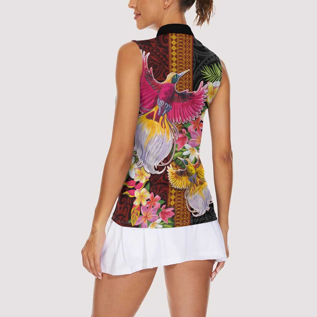 Papua New Guinea Birds and Frangipani Women Sleeveless Polo Shirt Melanesian Art Tattoos - Polynesian Pride
