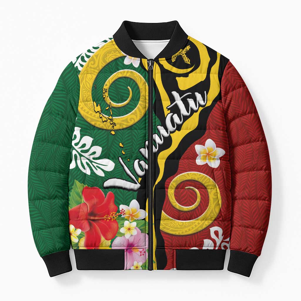 Melanesian Vanuatu Tribal Boar Tusk Bomber Puffer Jacket Tropical Plants and Namele Motifs LT03 Unisex Green - Polynesian Pride