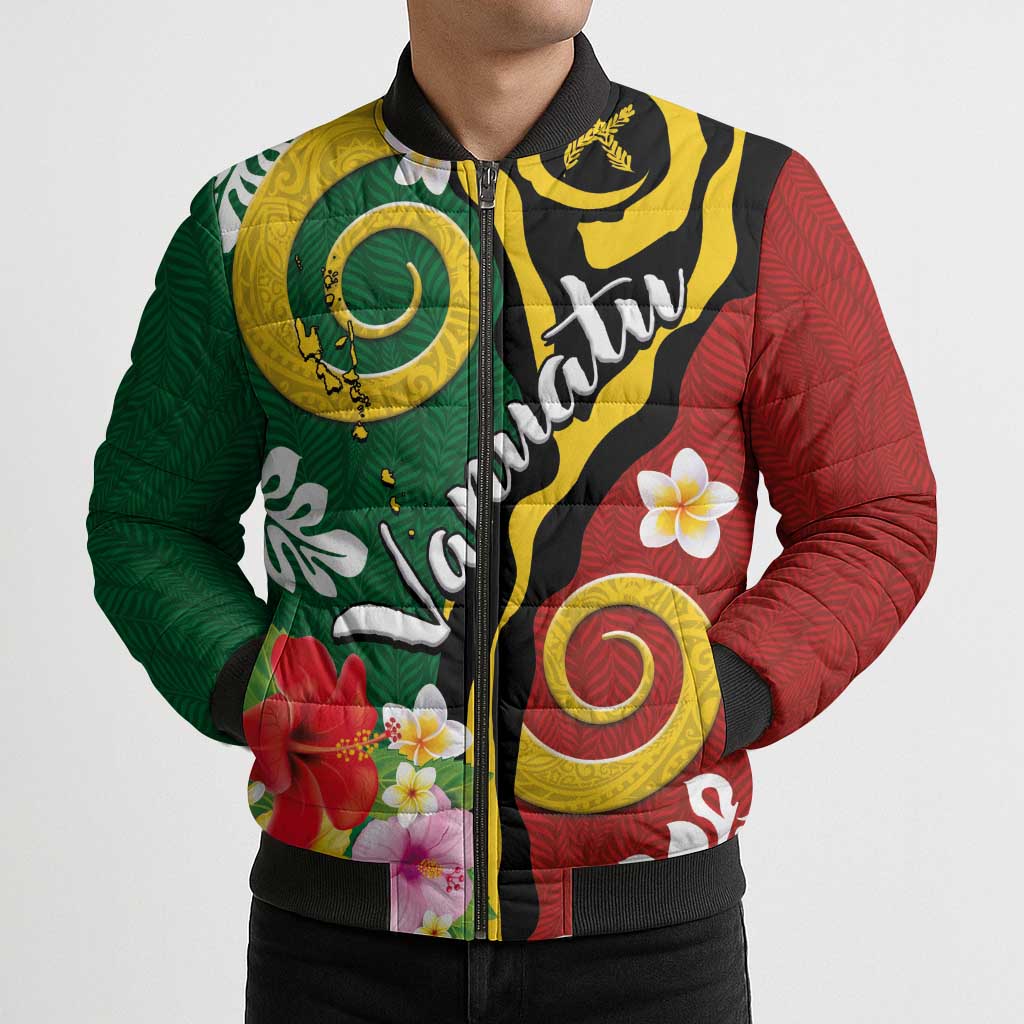 Melanesian Vanuatu Tribal Boar Tusk Bomber Puffer Jacket Tropical Plants and Namele Motifs LT03 - Polynesian Pride