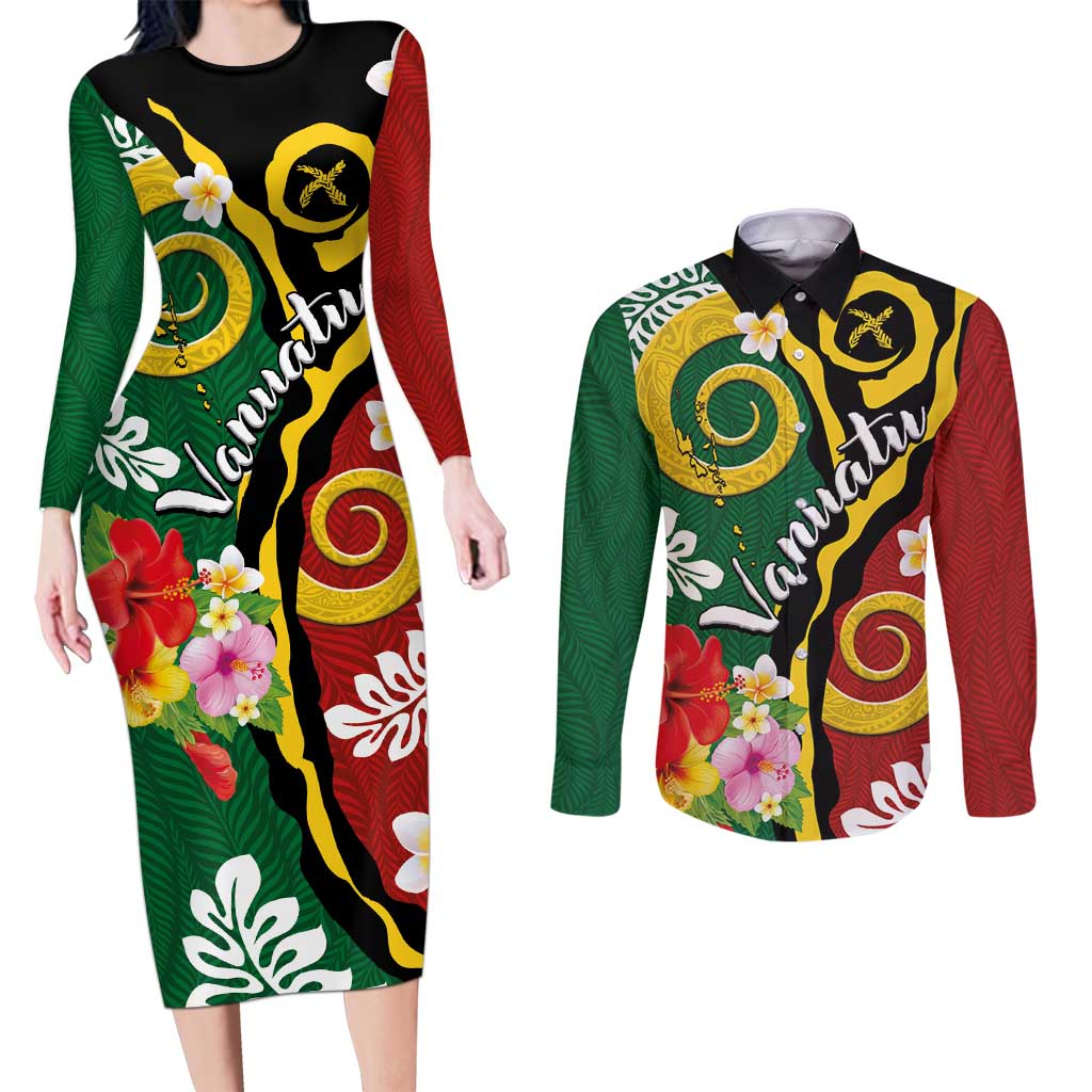 Melanesian Vanuatu Tribal Boar Tusk Couples Matching Long Sleeve Bodycon Dress and Long Sleeve Button Shirt Tropical Plants and Namele Motifs LT03 Green - Polynesian Pride